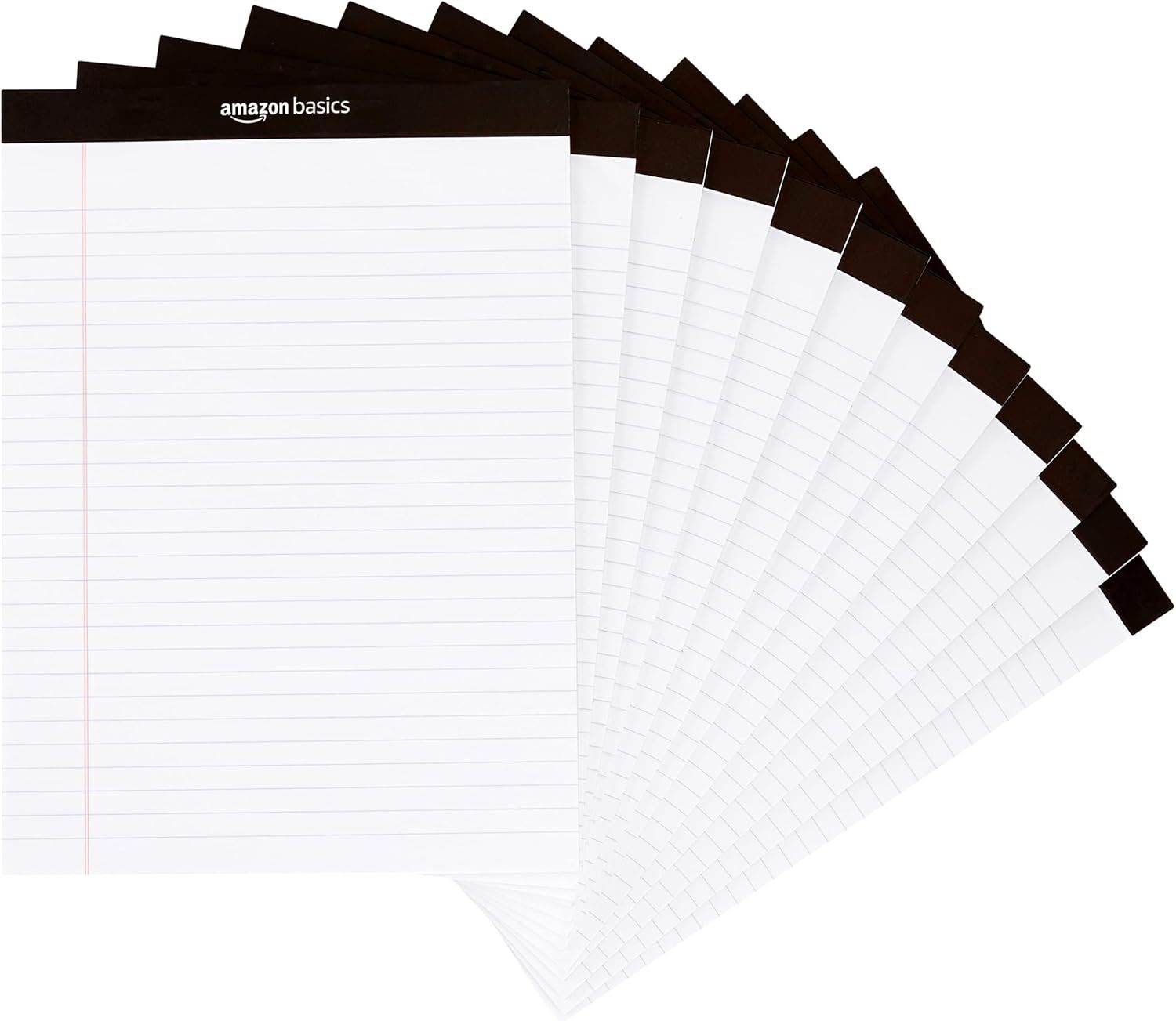 Shows the core product - a multi-pack of Amazon Basics lined notepads with black binding, displayed in a fanned arrangement to demonstrate quantity and the…