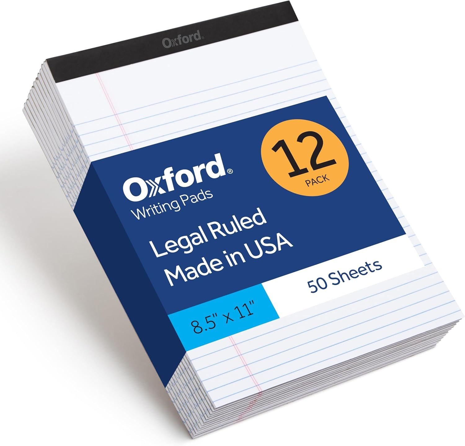 Shows the core product—a 12-pack of Oxford legal ruled writing pads—clearly displaying the brand, quantity, sheet count, and dimensions to help shoppers…