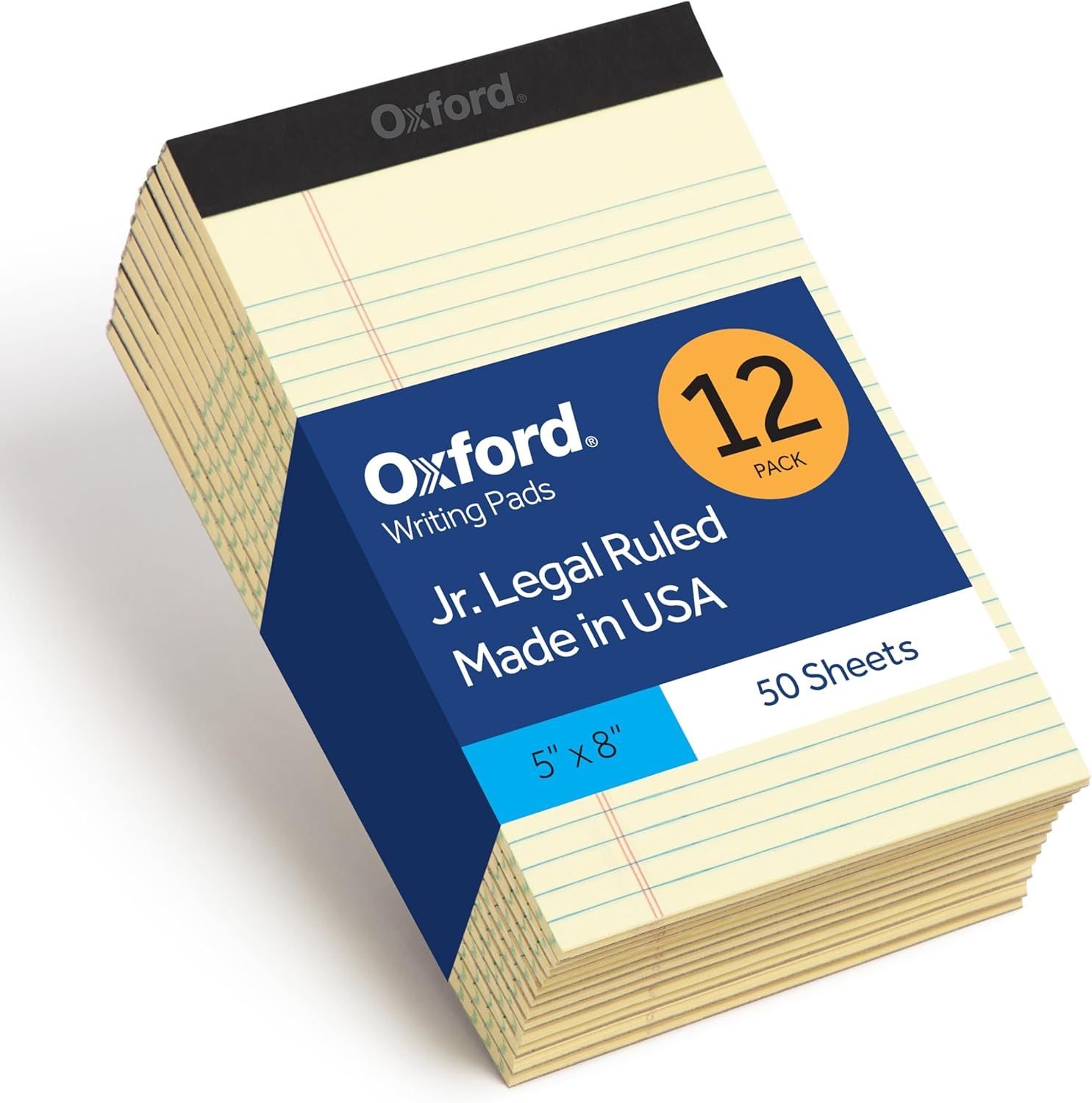 Shows the core product clearly—a 12-pack of Oxford junior legal ruled writing pads—so shoppers understand exactly what they are purchasing. Displays the…