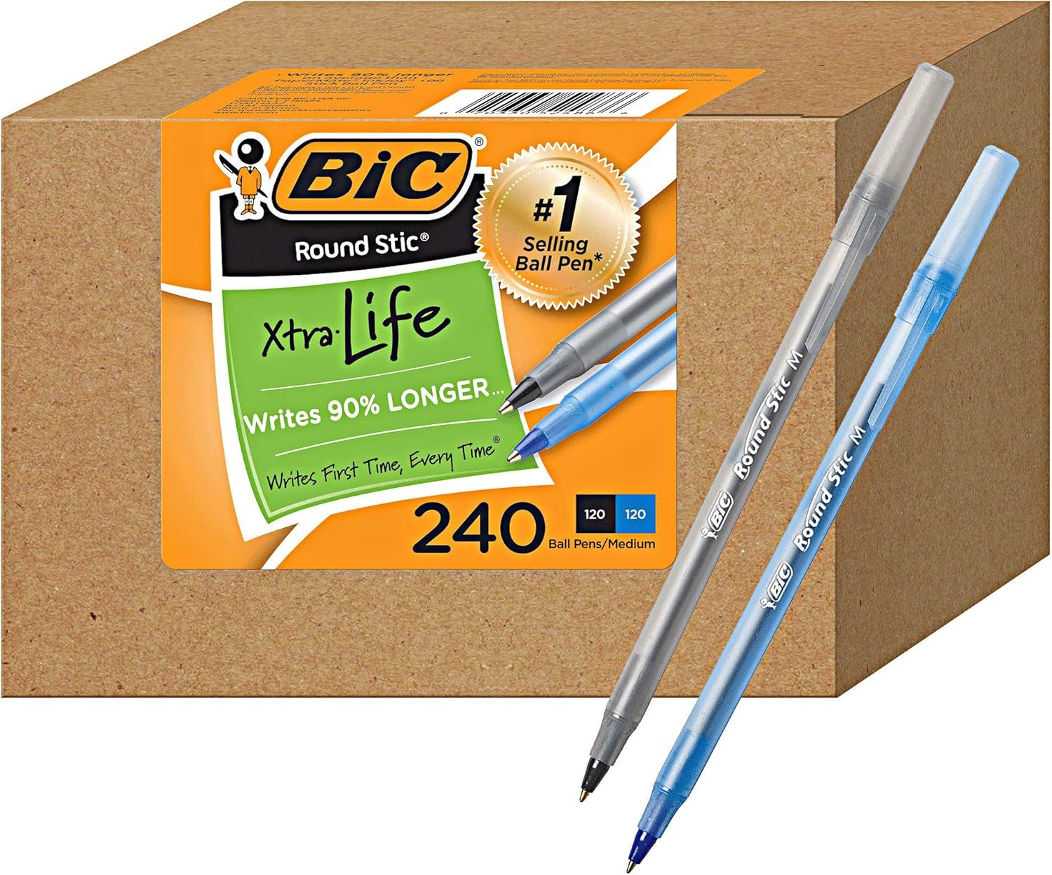 Shows the BIC Round Stic Xtra Life ballpoint pens in a 240-count bulk package alongside individual pen samples, communicating the product's extended writing…