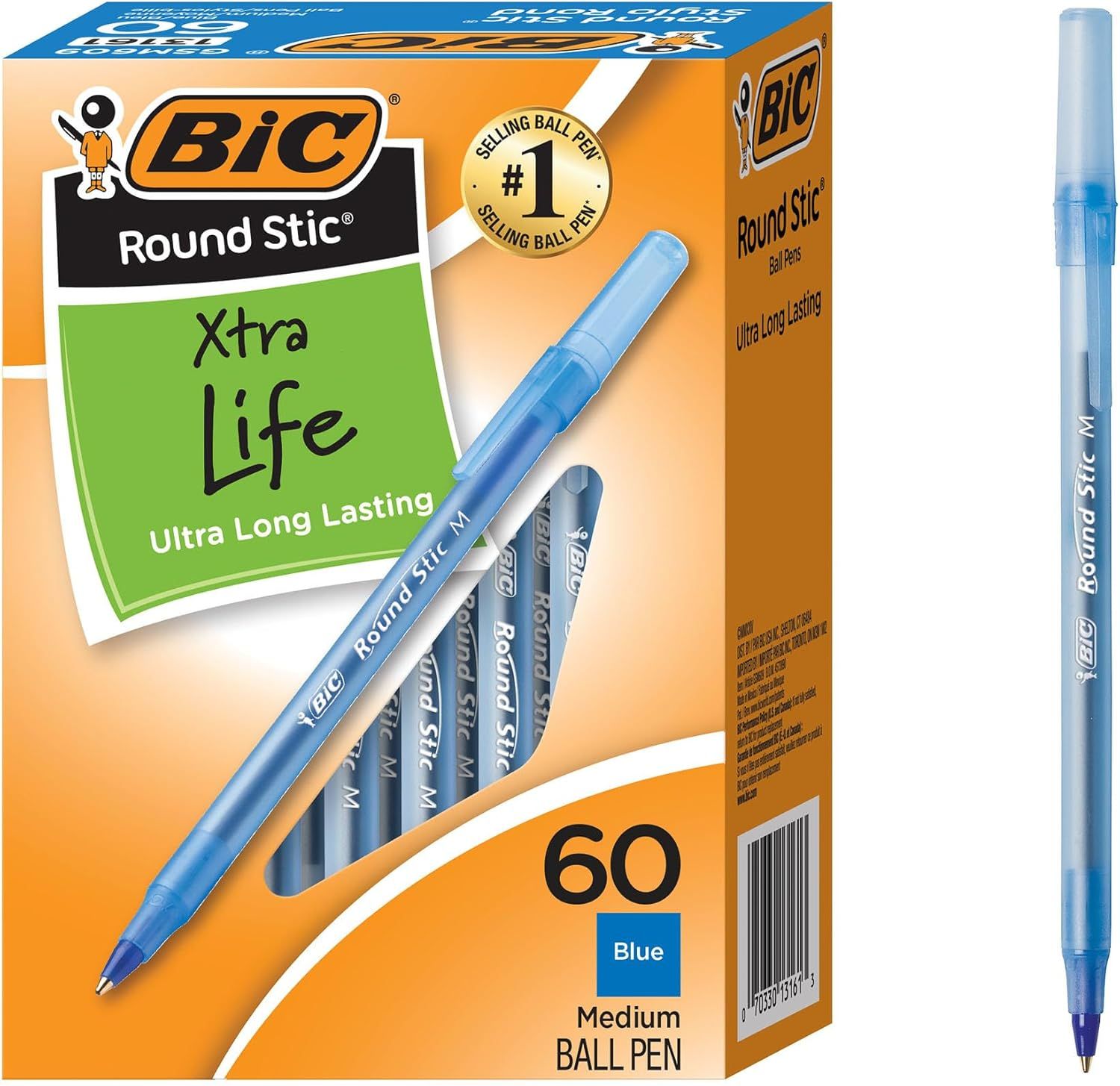 Shows the retail packaging and individual pens to communicate the product is a 60-count bulk pack of BIC Round Stic pens with ultra long lasting ink,…
