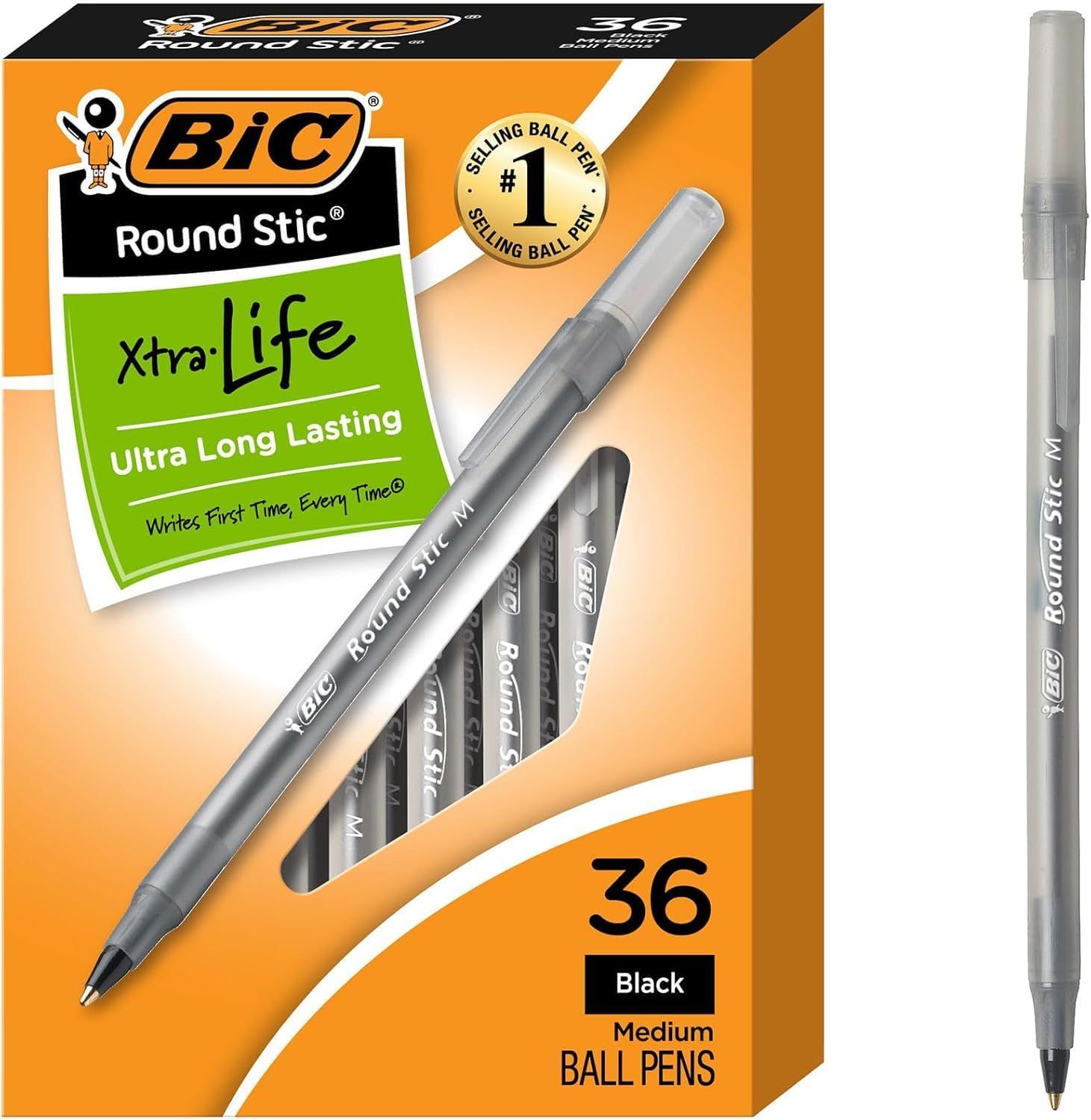 Shows the core product—a 36-count box of BIC Round Stic Xtra Life ballpoint pens—alongside a single pen to communicate the quantity, brand, and key feature…