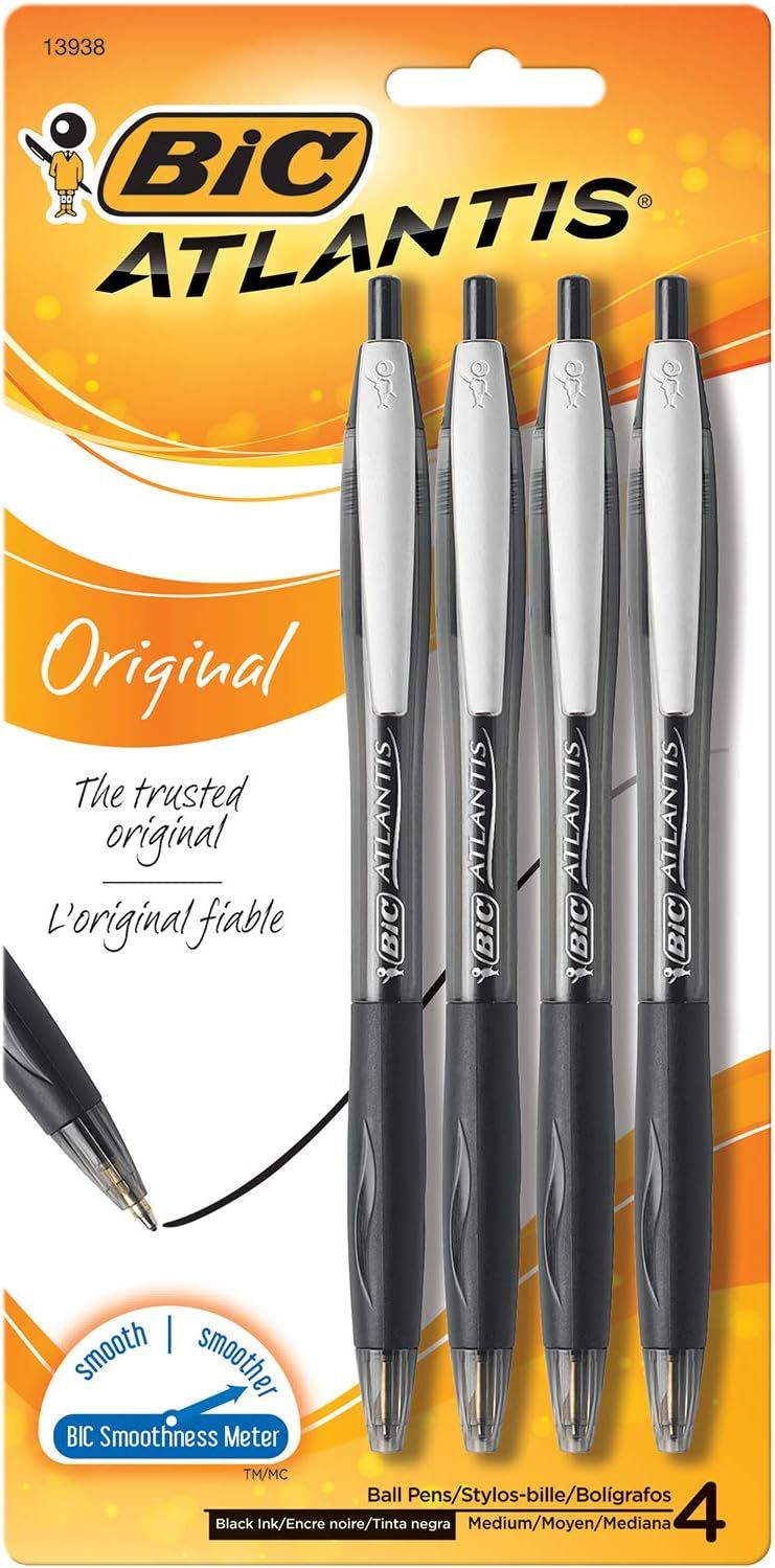 Shows the core product—a 4-pack of BIC Atlantis Original ballpoint pens—clearly displayed in retail packaging so shoppers can see exactly what they are…