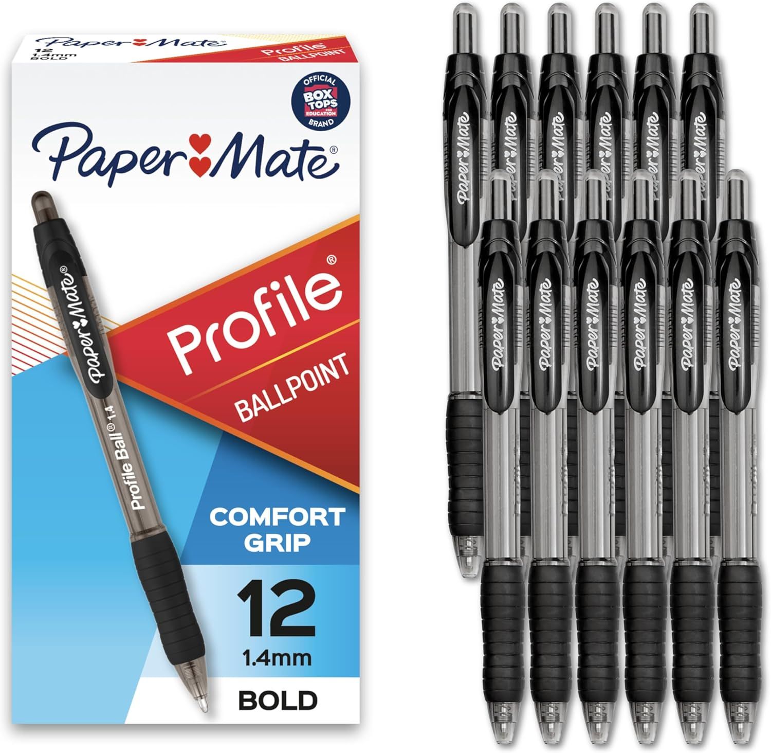 Shows the complete product offering including both the retail box and all 12 pens included in the purchase, giving shoppers a clear view of what they will…