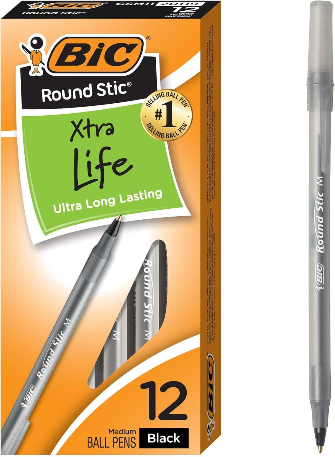 Shows the BIC Round Stic Xtra Life ballpoint pen in both packaged and individual form, clearly displaying the sellable product to help shoppers identify what…