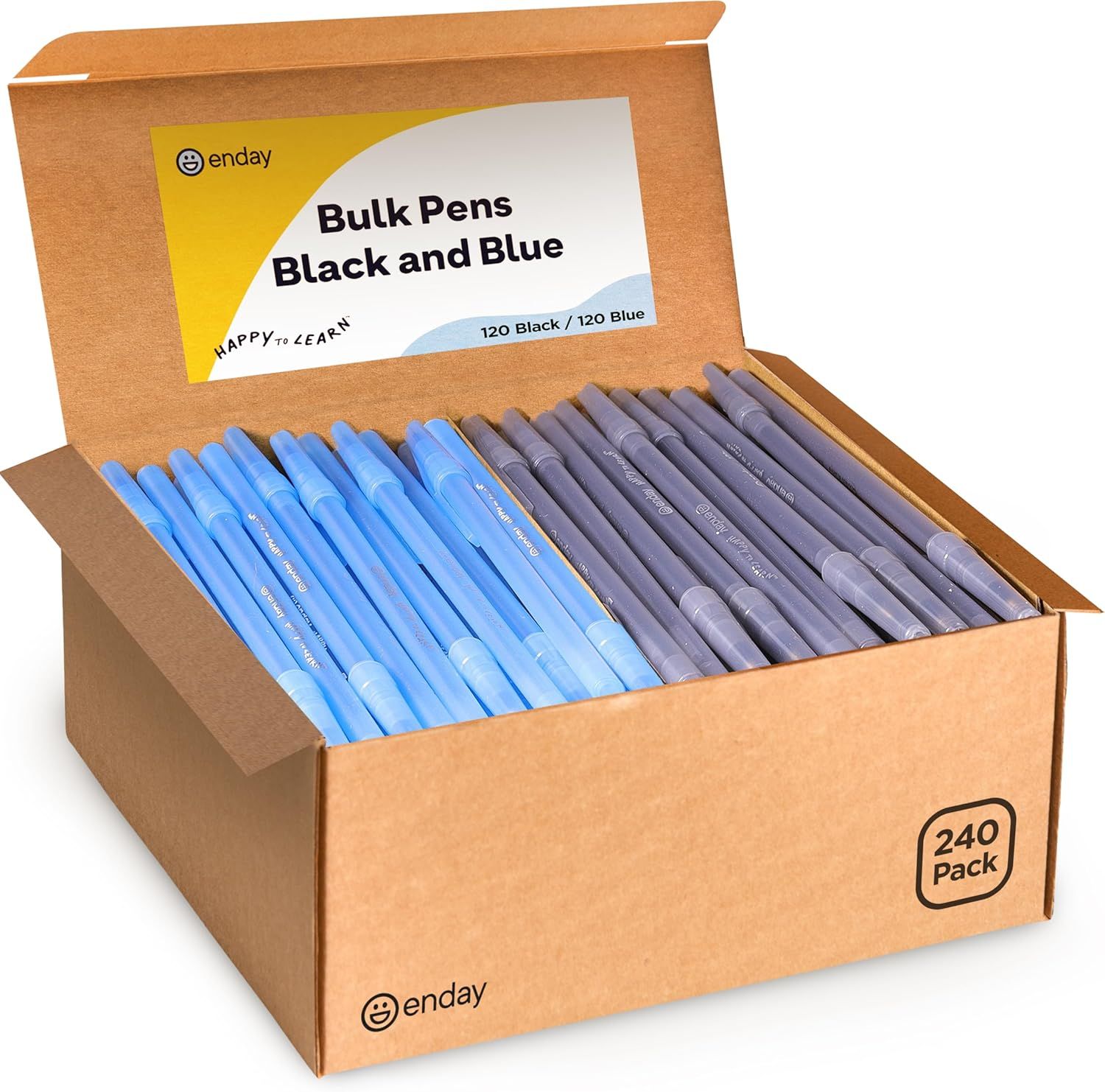 Shows the core product—a 240-pack of pens in black and blue—clearly displayed in retail packaging to communicate quantity, variety, and value for bulk buyers.…