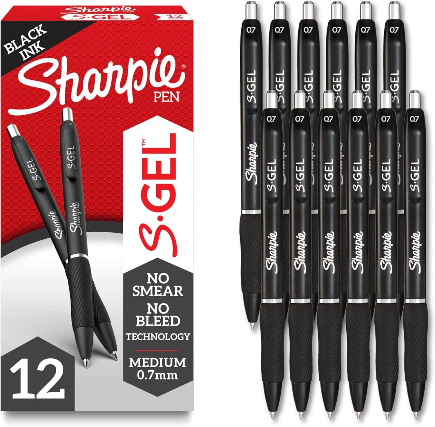 Shows the complete 12-pack set of Sharpie S-Gel pens alongside their retail packaging, allowing shoppers to see exactly what they will receive and the…