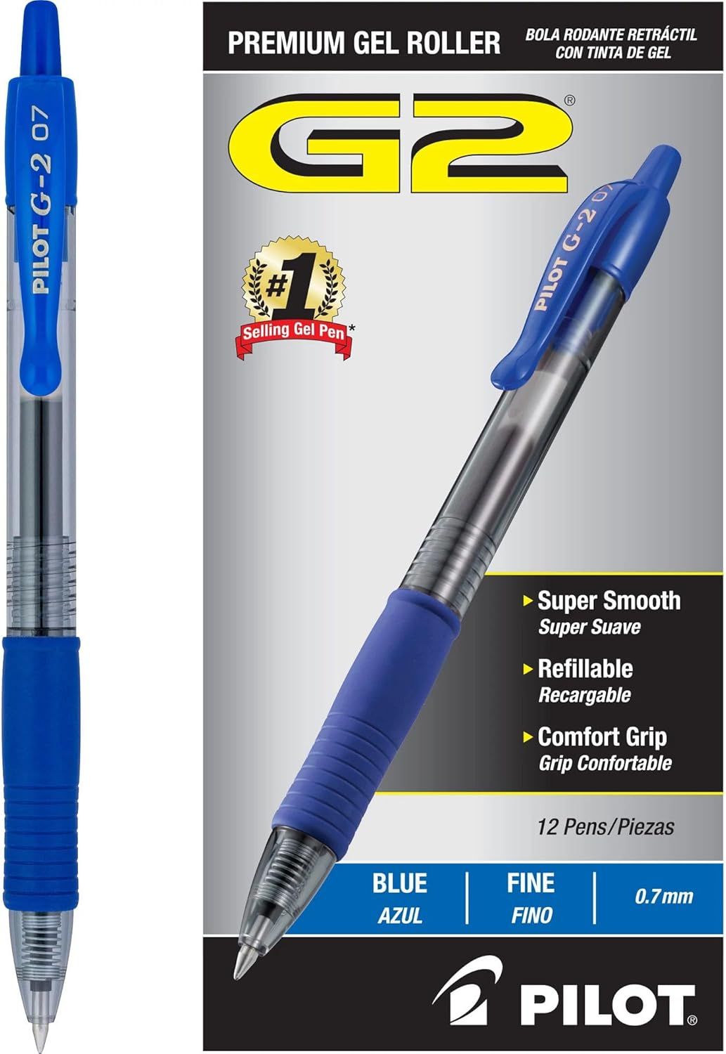 Displays the core product, a Pilot G2 gel pen, both individually and in its retail packaging to show shoppers exactly what they are purchasing. Shows the…