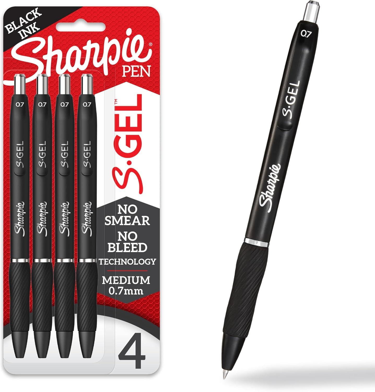 Shows the core product—a 4-pack of Sharpie S-Gel pens—both in retail packaging and as a standalone pen to communicate what the buyer receives and the pen's…