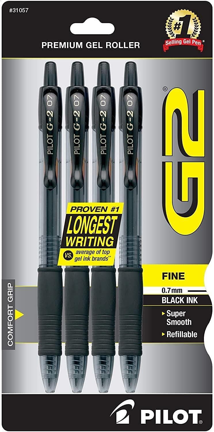 Shows the core product—a 4-pack of Pilot G-2 gel roller pens—clearly visible in retail packaging so shoppers can see exactly what they are purchasing.…