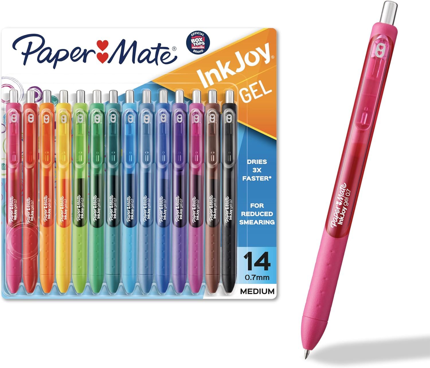 Displays the complete set of 14 colorful InkJoy gel pens in their retail packaging alongside a single pen to show scale and design, communicating the variety…