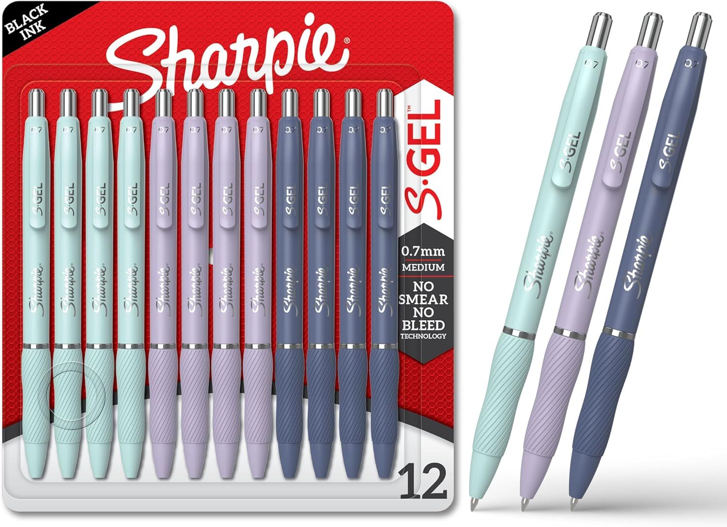 Shows the complete 12-pack set of Sharpie S-Gel pens in three color variants (mint, lavender, and blue) to communicate the quantity and color options included…