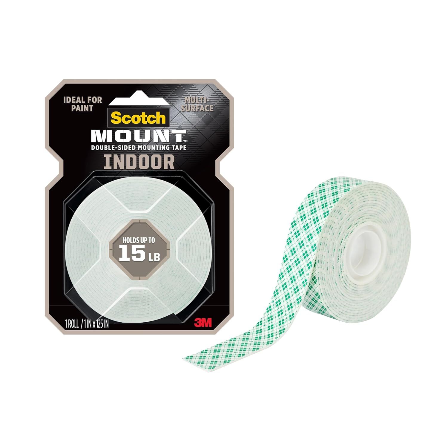 Shows the core product, Scotch Mount double-sided mounting tape, alongside its retail packaging to help shoppers understand what they are purchasing and its…