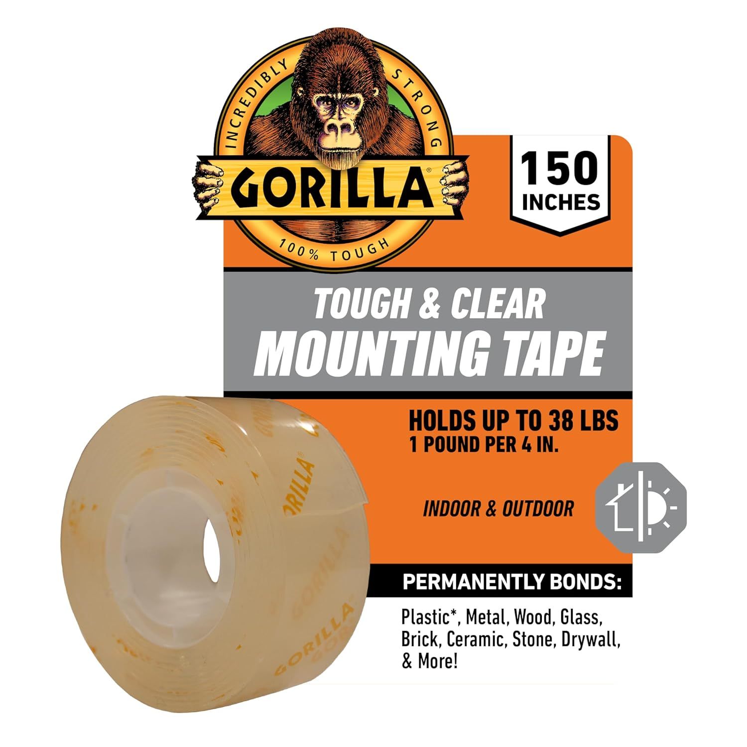 Shows the core product, a roll of Gorilla mounting tape, clearly displayed with its packaging to help shoppers identify what they are purchasing. Displays the…