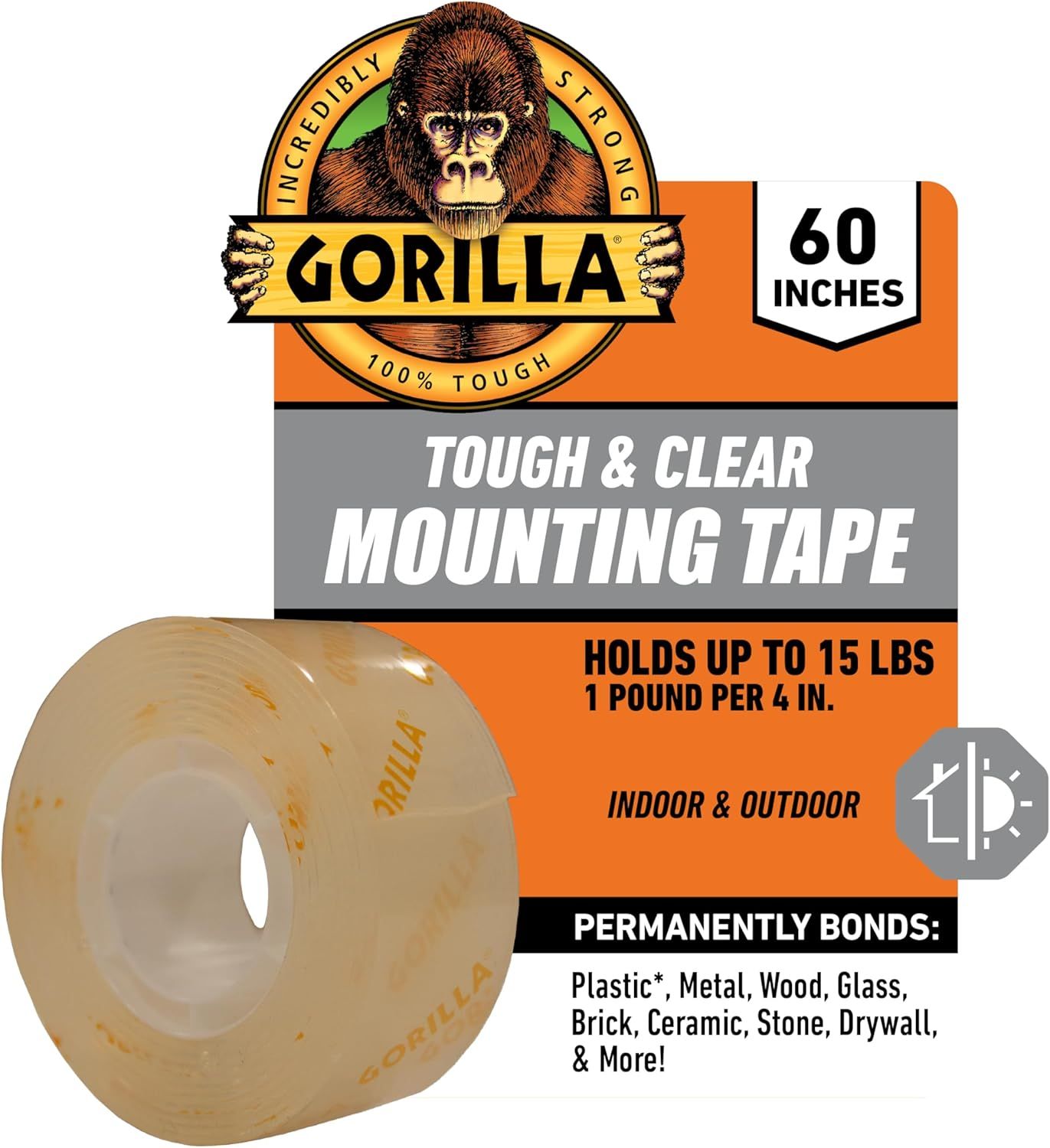 Shows the product in its retail packaging to communicate brand identity, product specifications (60 inches, holds up to 15 lbs), and key features (tough,…