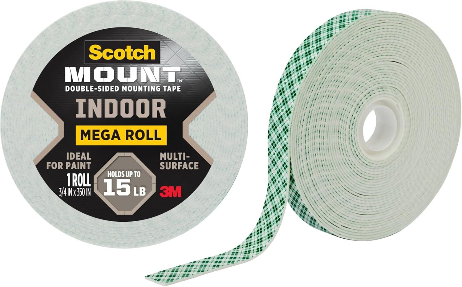 Shows the core product clearly - a roll of Scotch mounting tape - displaying both the front label and the side view of the roll to communicate what the…
