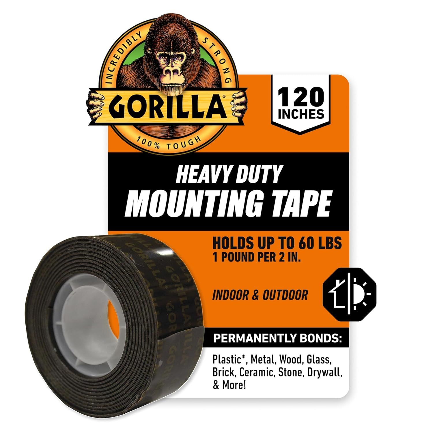 Shows the core product (mounting tape roll) alongside its retail packaging to communicate what the shopper will receive and highlight key features like…