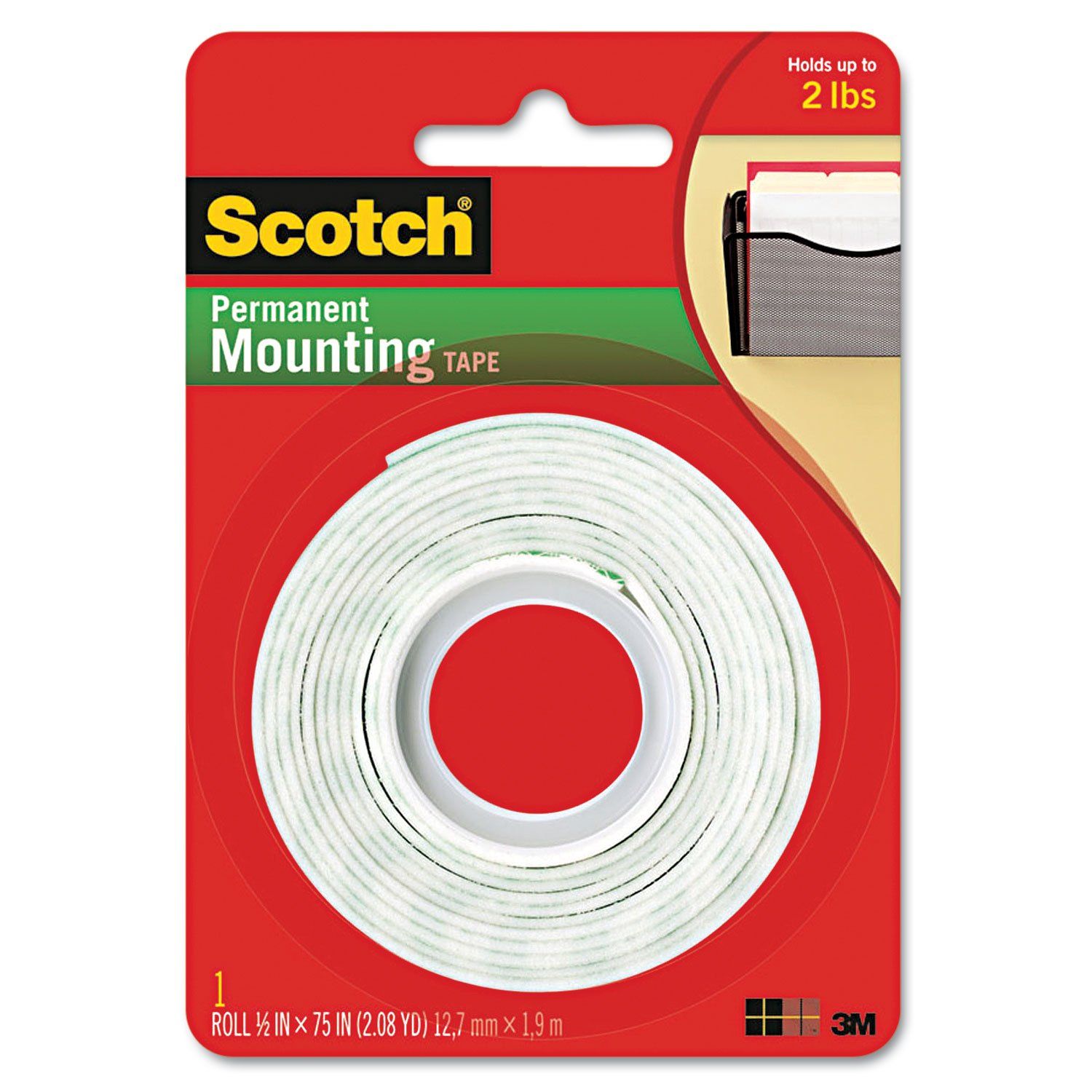 Shows the Scotch Permanent Mounting Tape product in its retail packaging, clearly displaying the roll of white tape and communicating its 2 lbs holding…