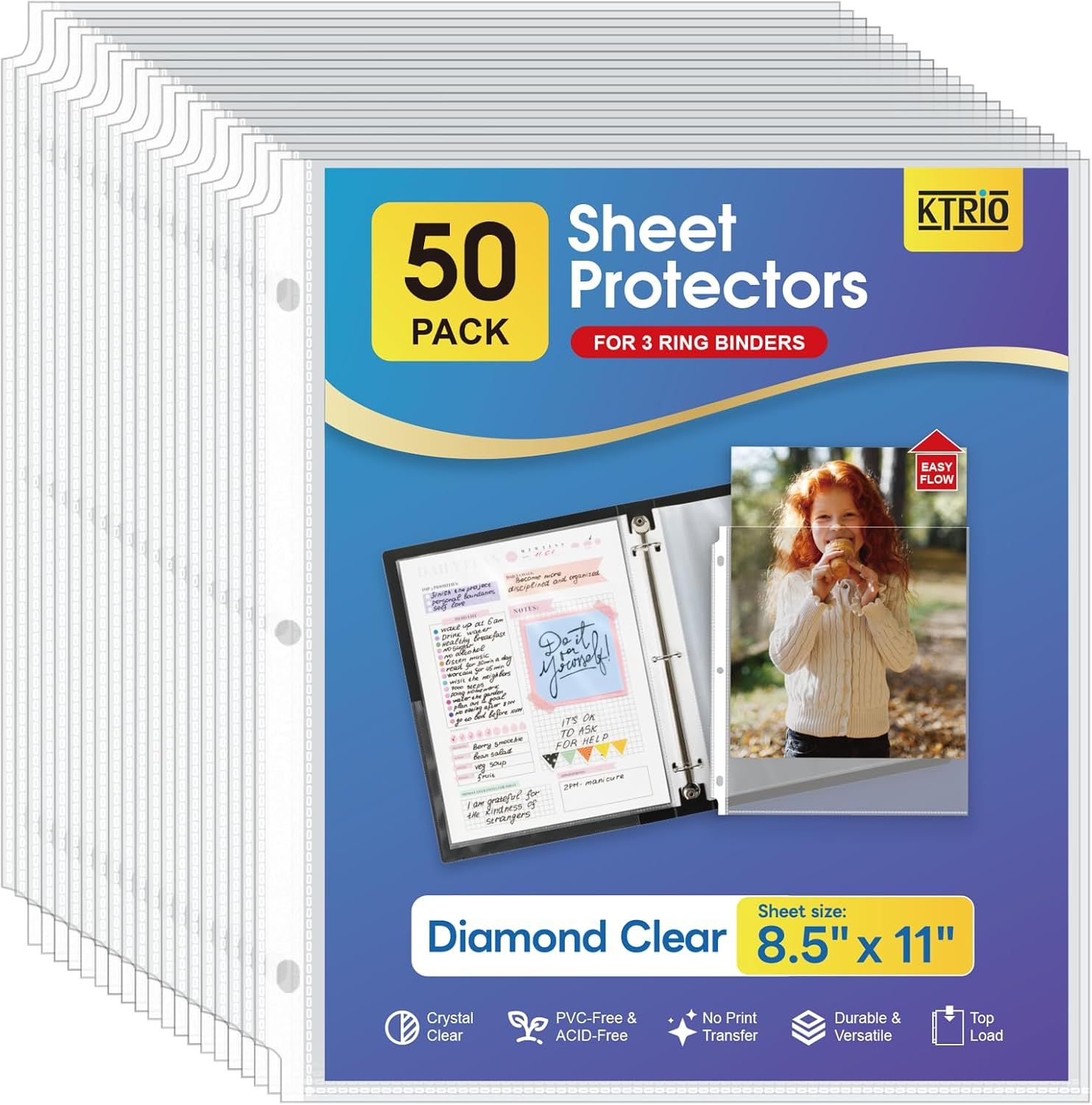 Shows the core product—a stack of 50 clear sheet protectors for 3-ring binders—to communicate what the shopper is purchasing and its quantity. Displays the retail packaging with key product…