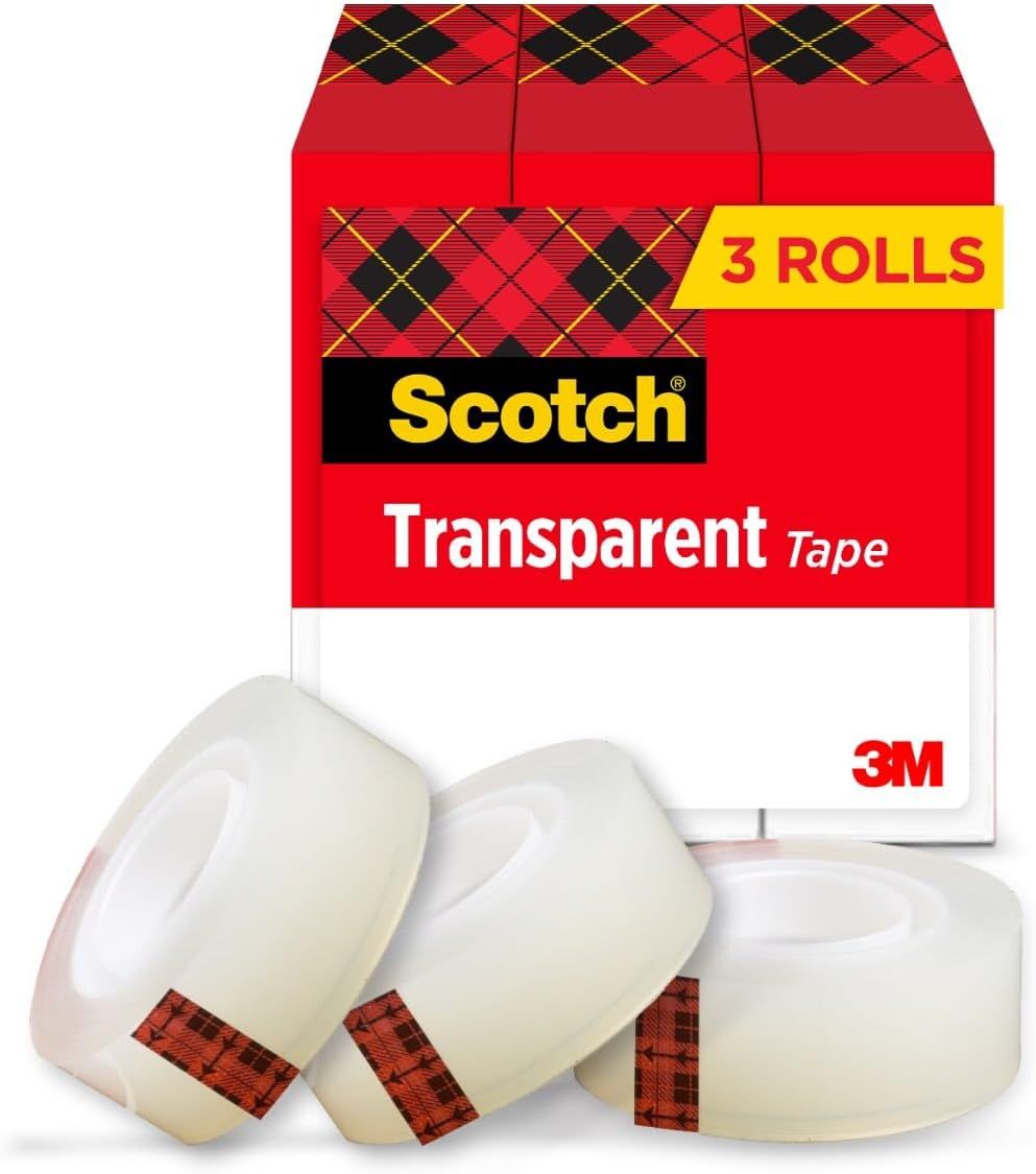 Shows the core product—Scotch Transparent Tape in a 3-roll pack—clearly displayed with packaging and individual rolls to communicate what the buyer will receive. Displays the retail packaging with…