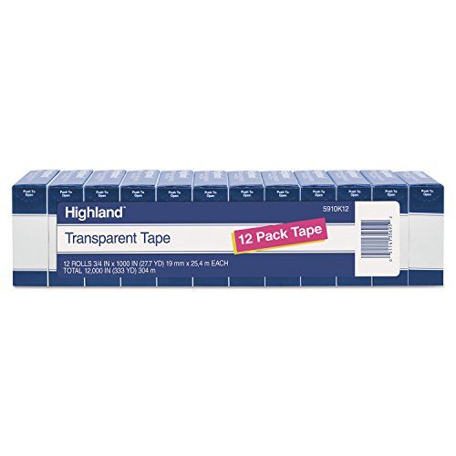 Shows the core product, a 12-pack of Highland transparent tape, clearly displayed in retail packaging to communicate what the shopper is purchasing. Displays the physical retail packaging that the…