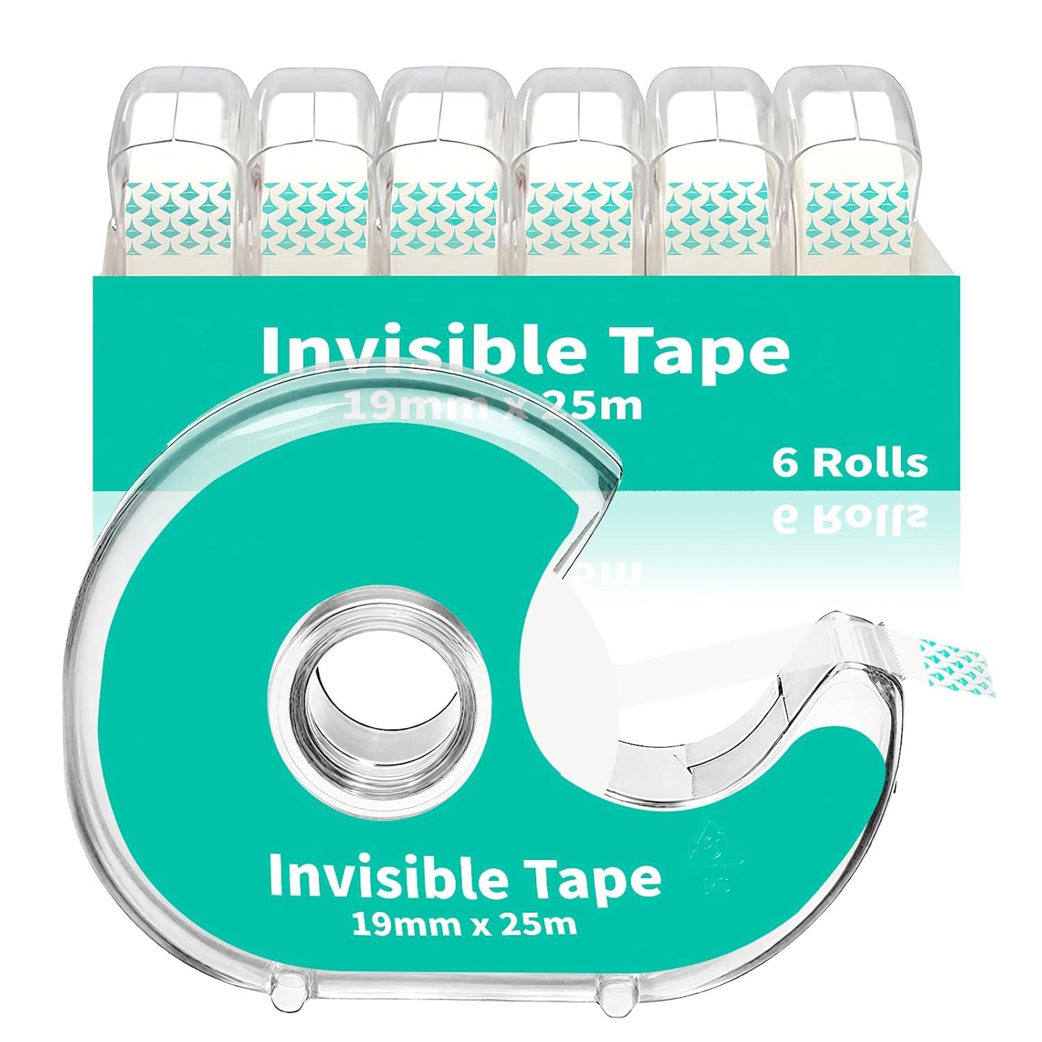 Shows the complete product offering of 6 rolls of invisible tape in dispensers plus one individual dispenser, clearly displaying what the shopper will receive in the package. Displays the retail…