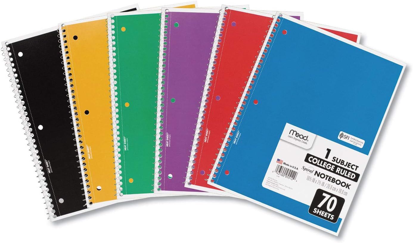 Shows the core product—spiral-bound college ruled notebooks—clearly displayed to communicate what the shopper is purchasing, including the variety of colors available. Displays multiple color…