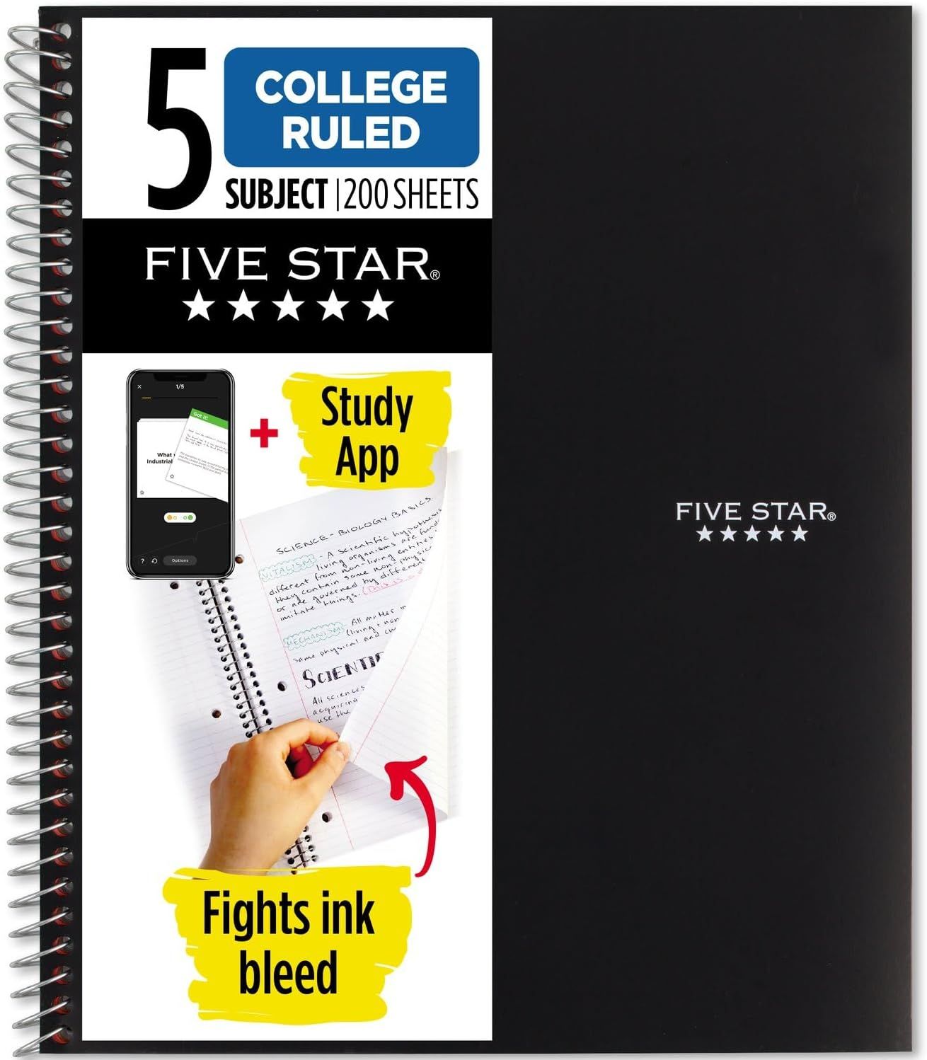 Displays the core product, a Five Star college-ruled notebook, clearly showing its specifications and brand identity to help shoppers identify what they are…