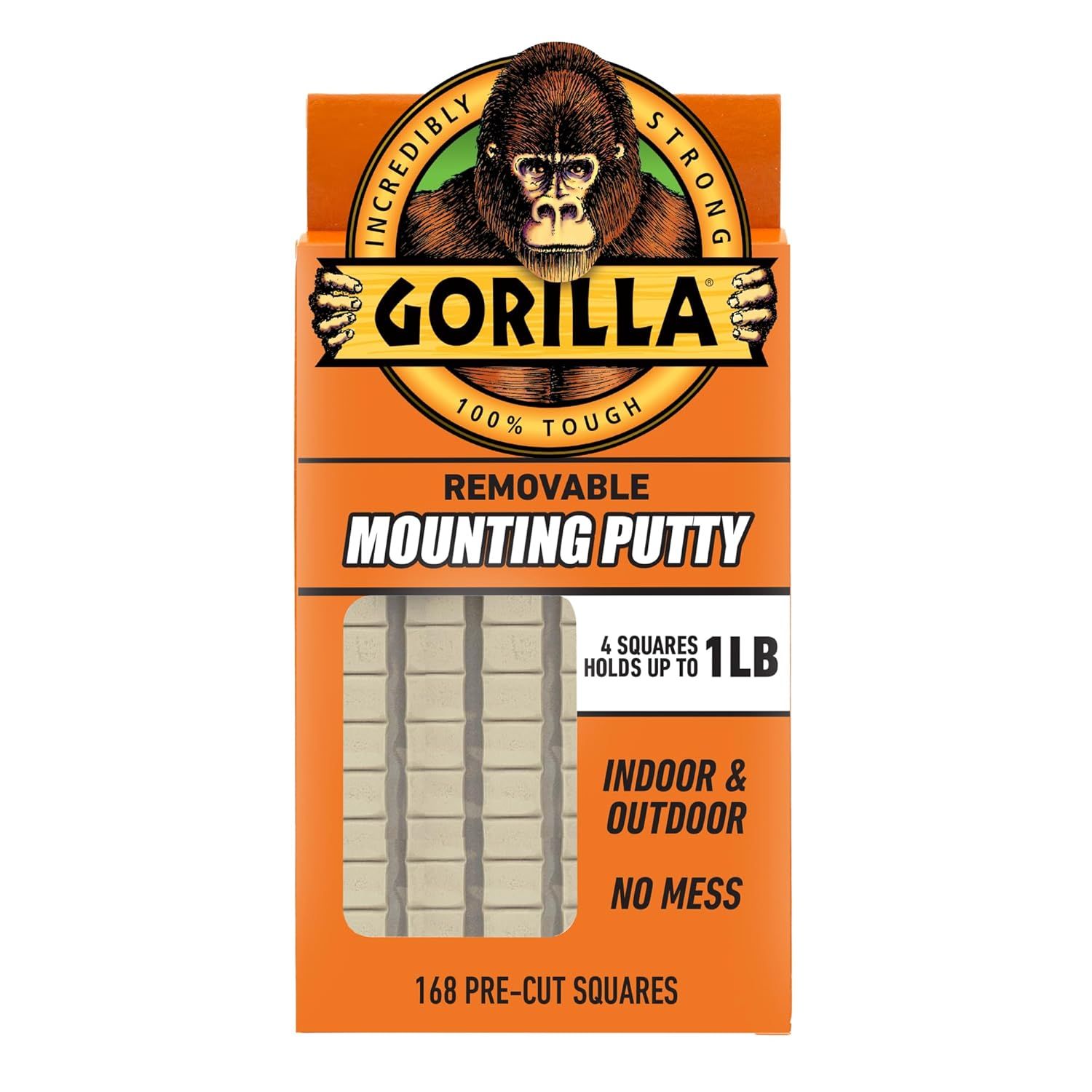 Shows the product in its retail packaging to communicate brand identity, product type (removable mounting putty), key features (holds 1lb, indoor/outdoor, no mess), and quantity (168 pre-cut…