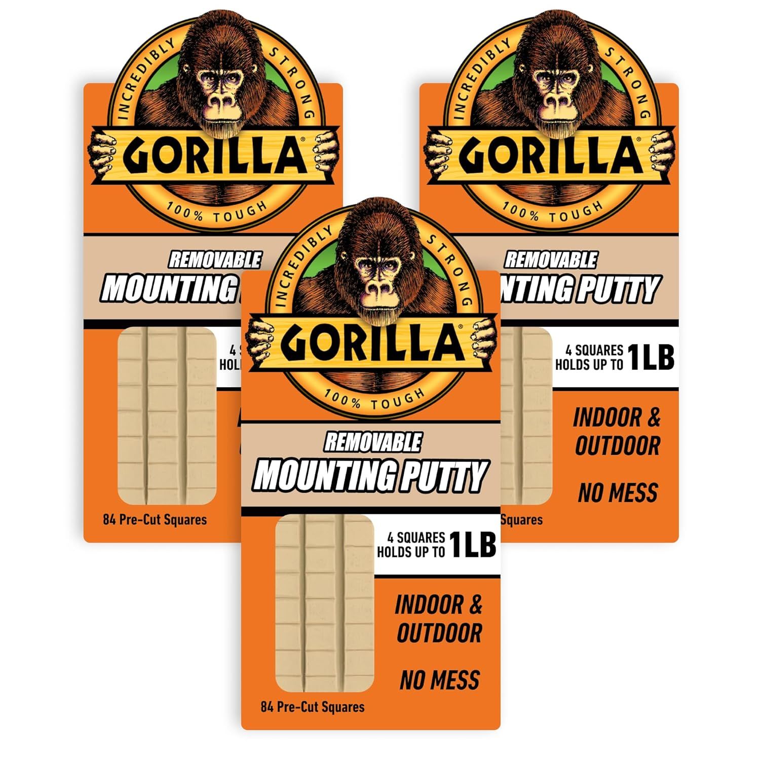 Shows the core product packaging for Gorilla Removable Mounting Putty, communicating the brand, product type, and key features like pre-cut squares and holding capacity. Displays the retail…
