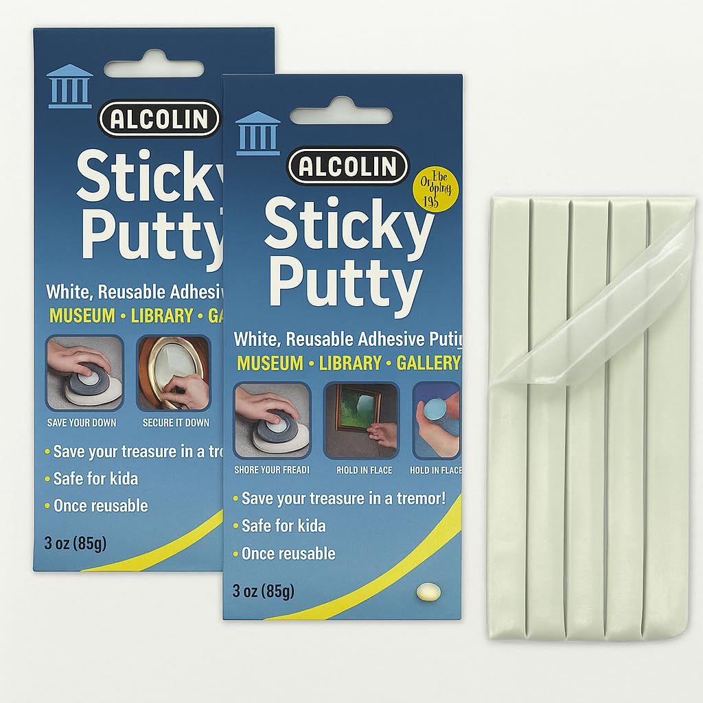 Shows the core product - Alcolin Sticky Putty adhesive strips - clearly displayed with retail packaging to communicate what the buyer will receive. Displays the physical retail packaging boxes that…