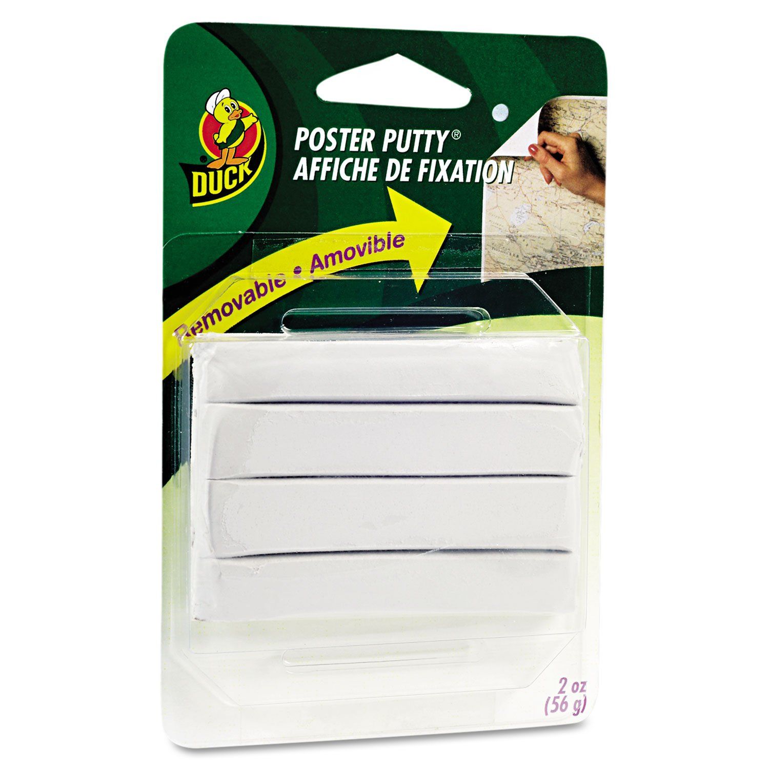 Shows the core product—white poster putty strips in clear retail packaging—so shoppers can see exactly what they are purchasing. Displays the Duck brand retail packaging with product name, logo, and…