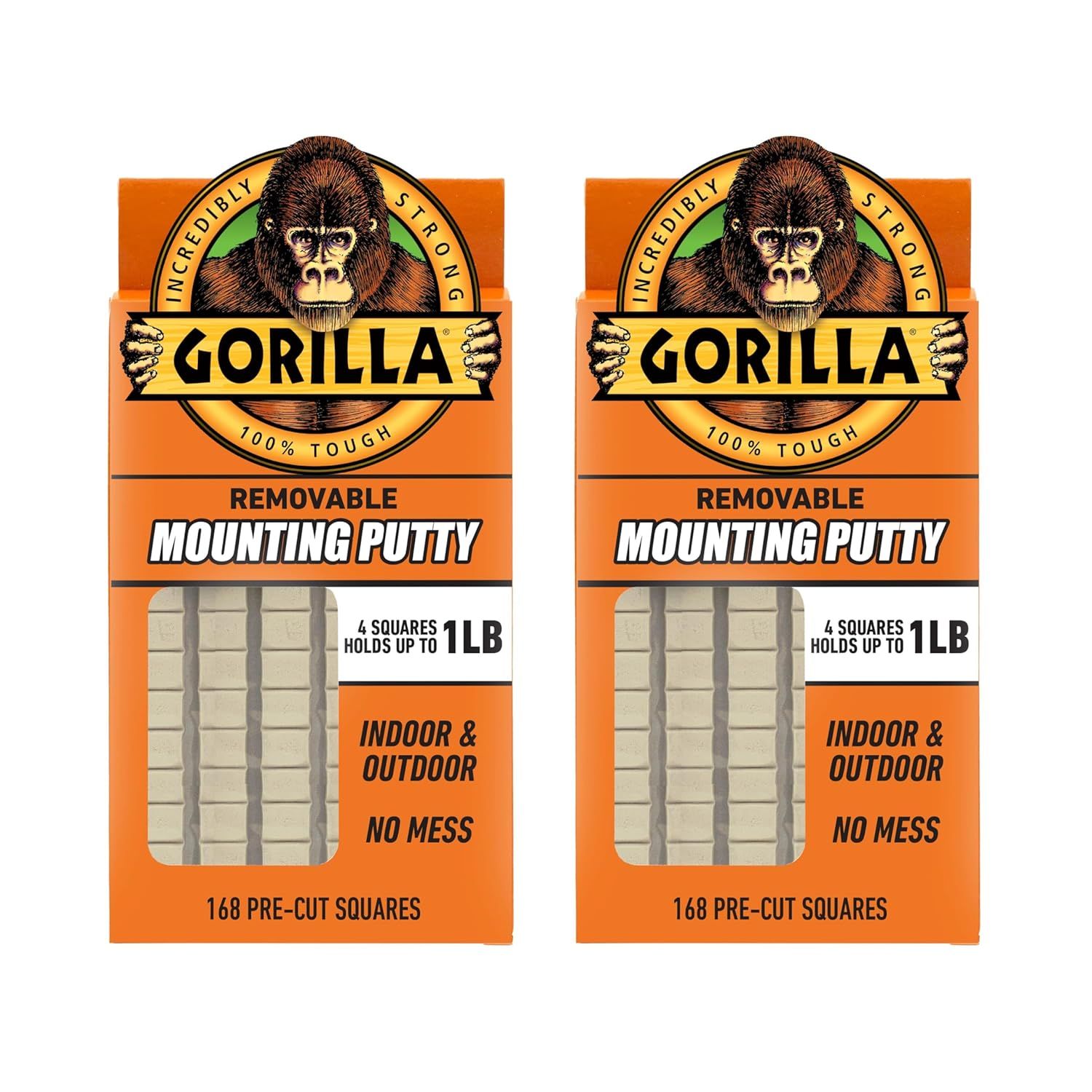 Shows the retail packaging with a clear window displaying the mounting putty squares inside, helping shoppers understand exactly what they will receive and how the product is packaged. Displays two…