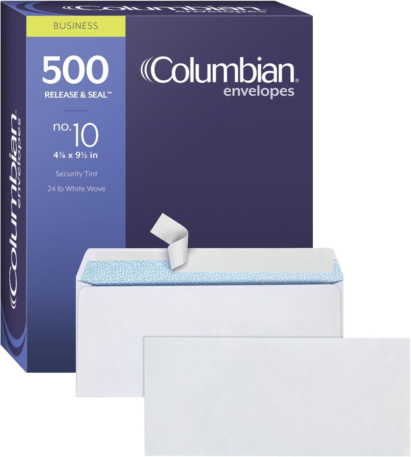 Shows the core product—a box of 500 business envelopes with security tint and release & seal closure—to communicate quantity, size, and key features to business buyers. Displays the retail packaging…