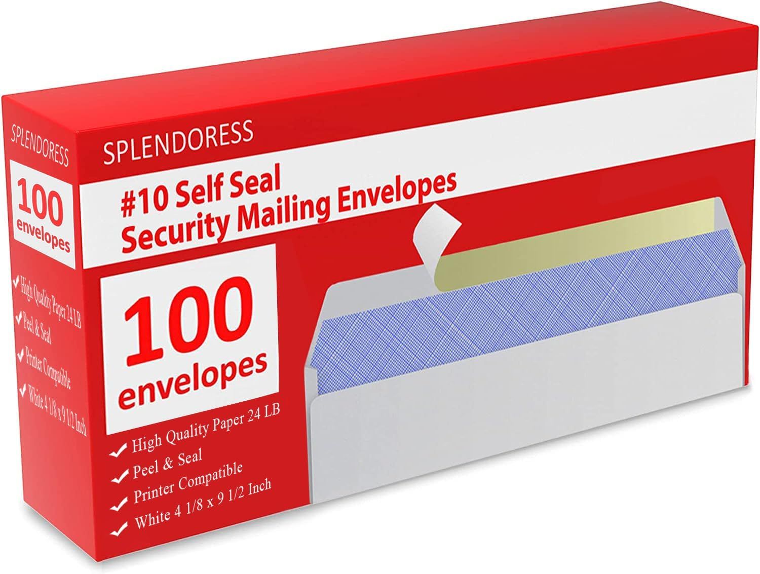 Shows the core product packaging and an example envelope to communicate what the buyer receives: 100 security mailing envelopes with self-seal functionality. Displays the retail packaging with key…