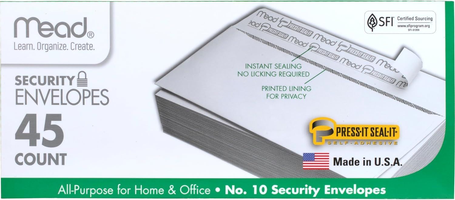Shows the core product—a stack of security envelopes—with key features like instant sealing, no licking required, and printed privacy lining to communicate convenience and security to the shopper.…