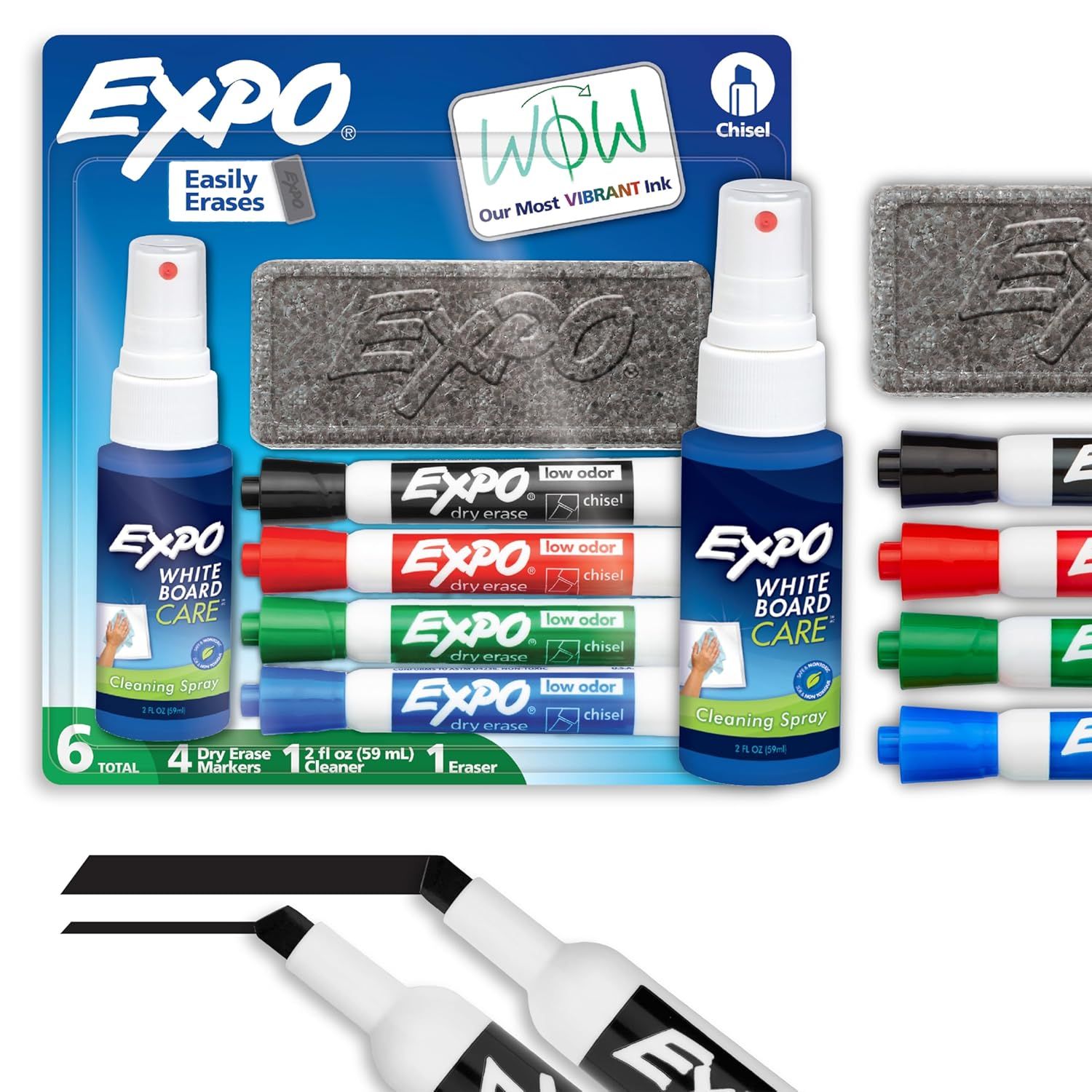 Displays the complete Expo whiteboard care kit including four dry erase markers in different colors, cleaning spray, and eraser to show shoppers everything included in the set. Shows all the…