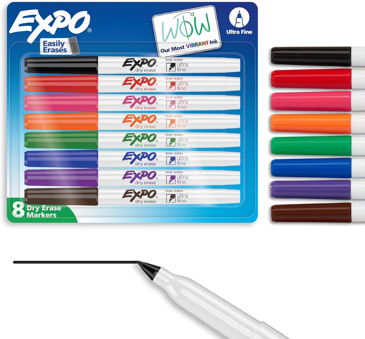 Shows the complete set of 8 dry erase markers in various colors to communicate the variety and quantity included in the purchase. Displays the retail packaging to show how the product will arrive…