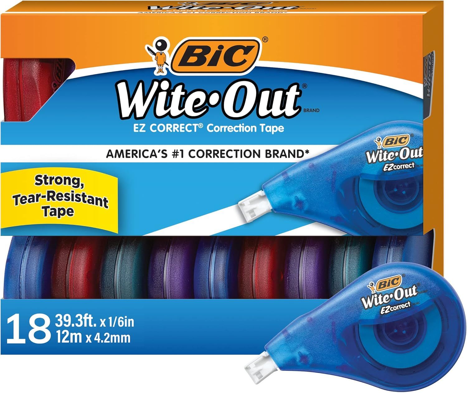 Shows the core product—a box of 18 BIC Wite-Out correction tape dispensers—clearly visible through the packaging window, communicating quantity and what the shopper will receive. Displays the retail…