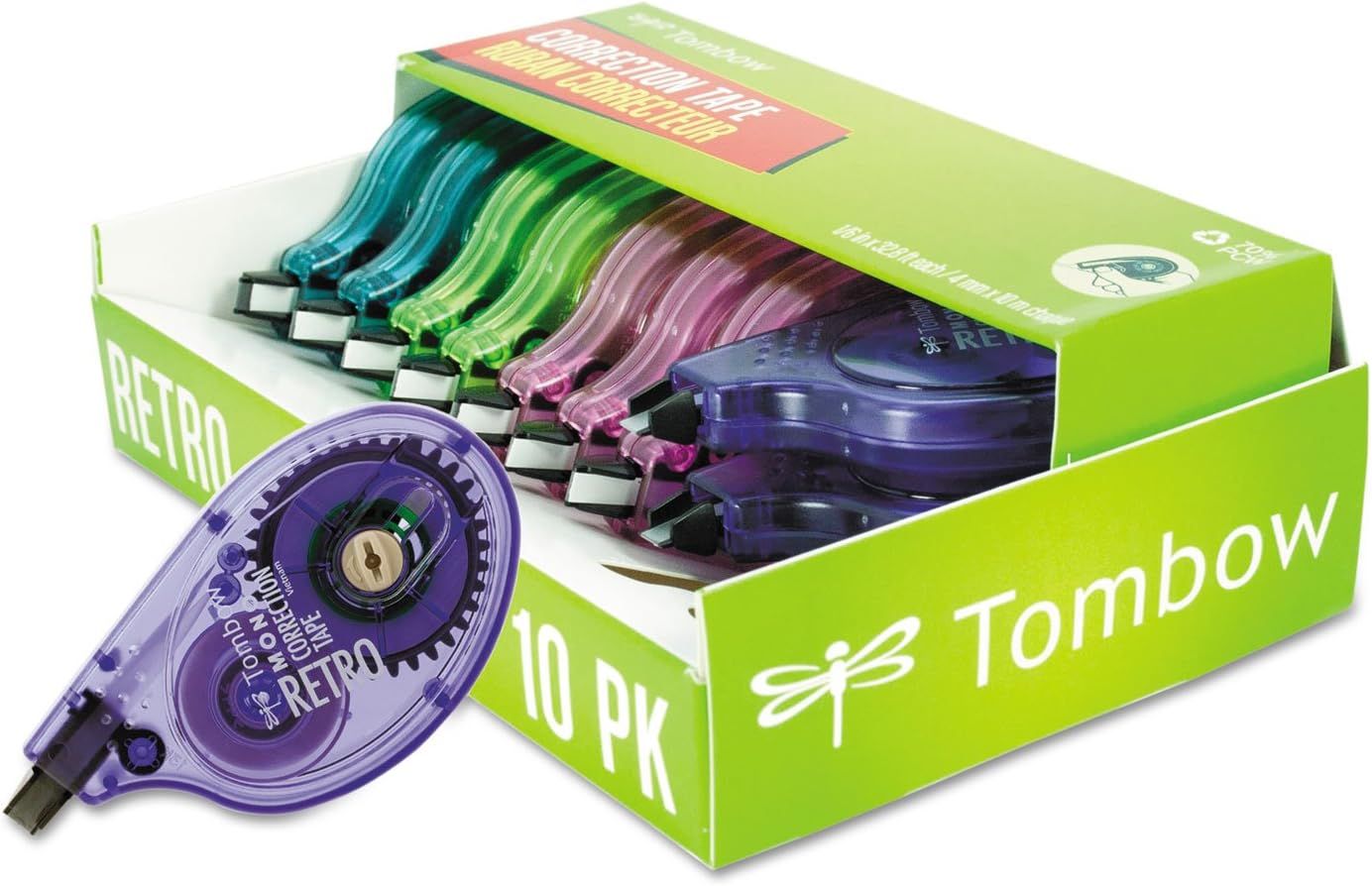 Shows the core product—correction tape dispensers—in multiple colors to communicate variety and appeal to shoppers looking for colorful office supplies. Displays the retail packaging box that the…