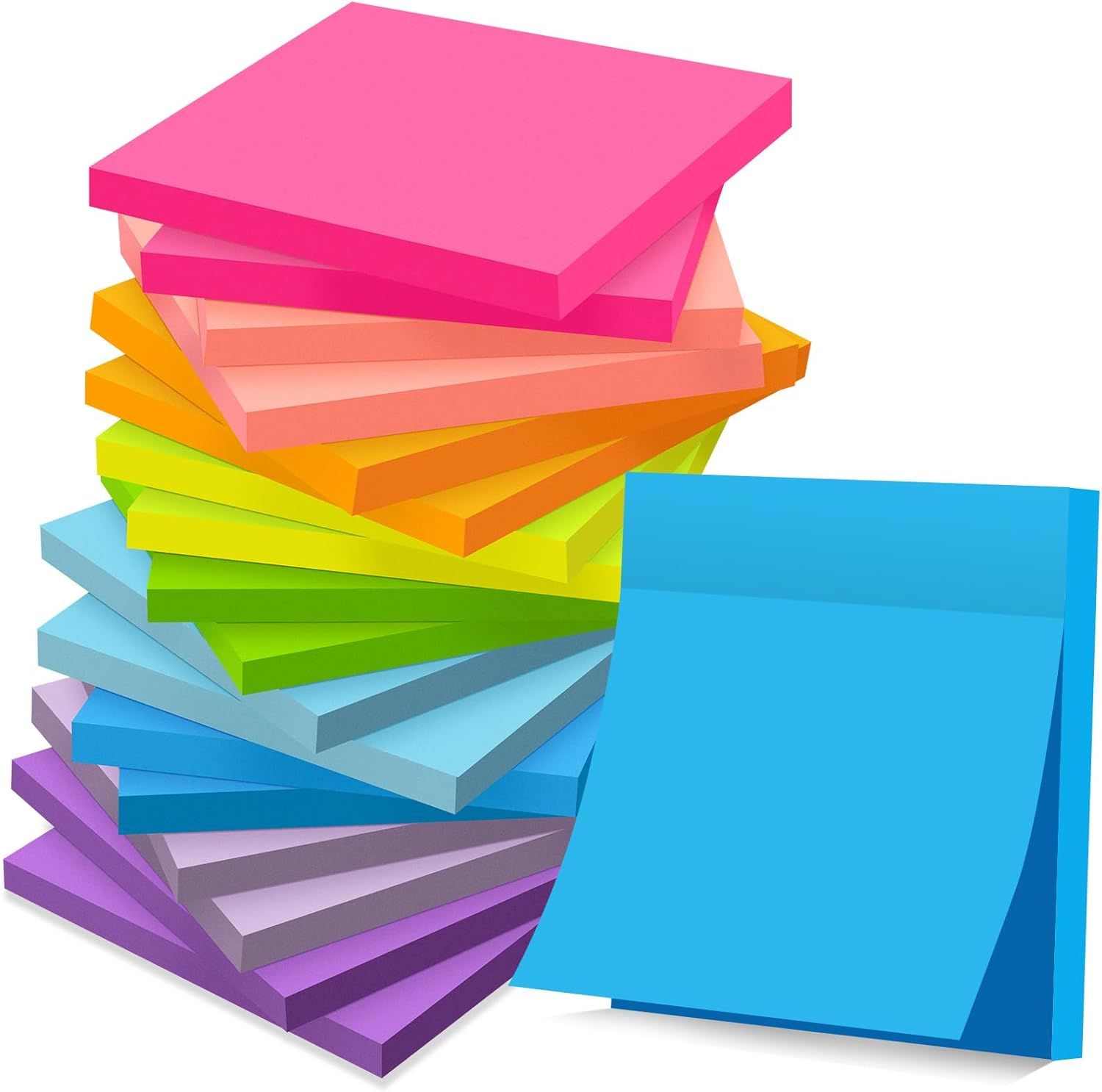 Shows the core product (sticky notes) in multiple vibrant colors to communicate variety and help shoppers visualize the colorful assortment included in the purchase. Displays the wide range of color…