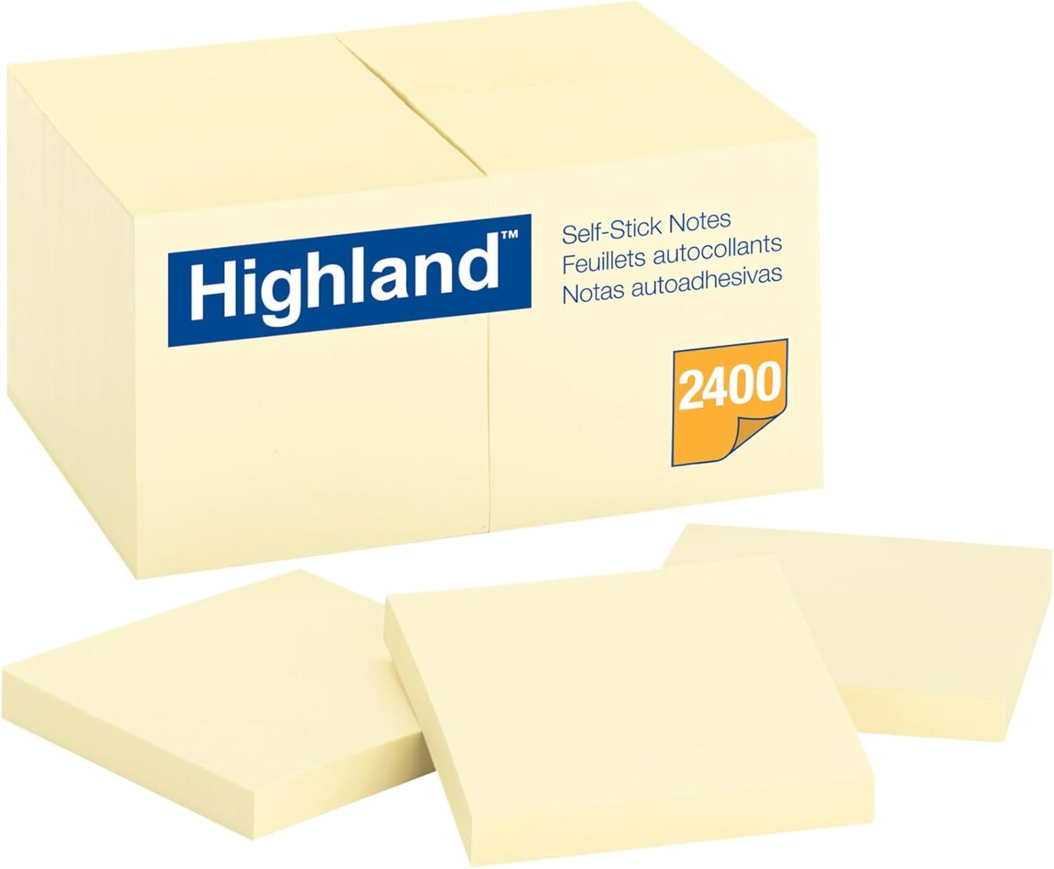 Shows the core product (self-stick notes) in both packaged and individual form, communicating the 2400-count bulk value pack to reassure buyers of quantity and value. Displays the retail packaging…