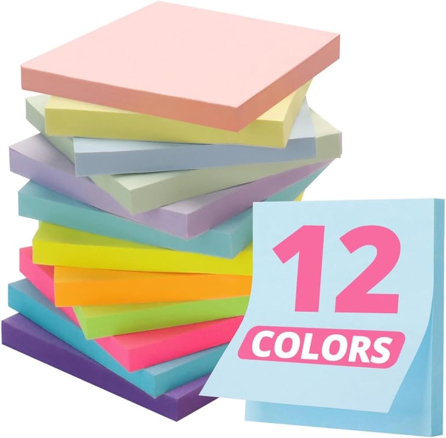 Shows the core product - a set of colorful sticky note pads in 12 different colors, clearly displaying the variety and quantity included in the purchase. Uses a prominent graphic overlay displaying…