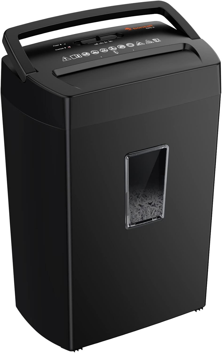 Displays the core product clearly on a white background, showing the shredder's design, control panel, and transparent window that reveals shredded paper inside to communicate its function.