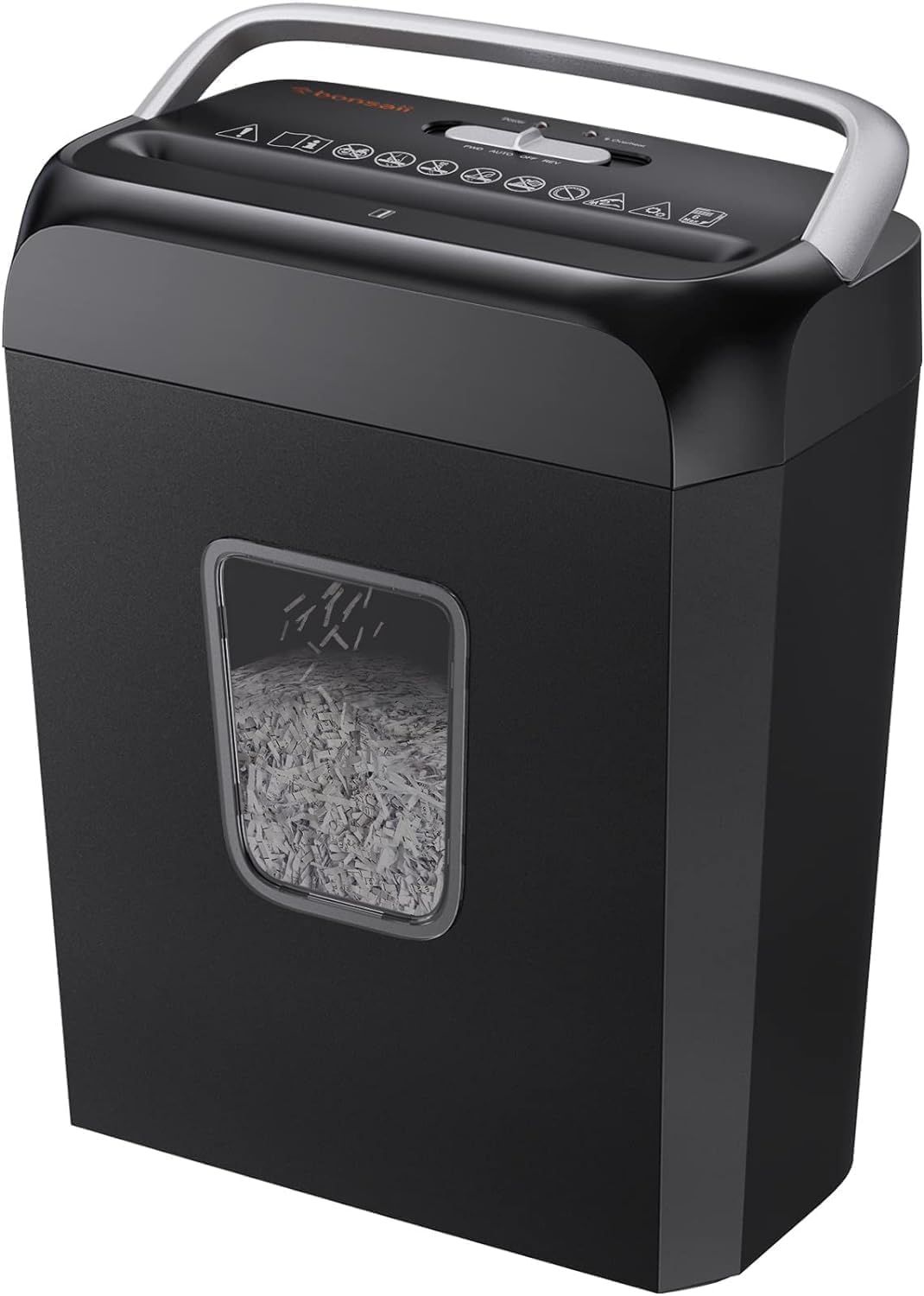 Shows the core product clearly on a white background, allowing shoppers to see the design, control panel, and transparent window that displays shredded paper inside. Demonstrates the product…