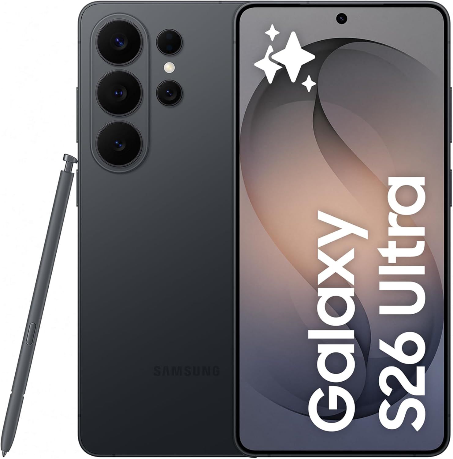 Displays the Samsung Galaxy S26 Ultra smartphone as the core sellable product, showing both front and back views to communicate the device's design, camera array, included stylus, and screen. Uses…