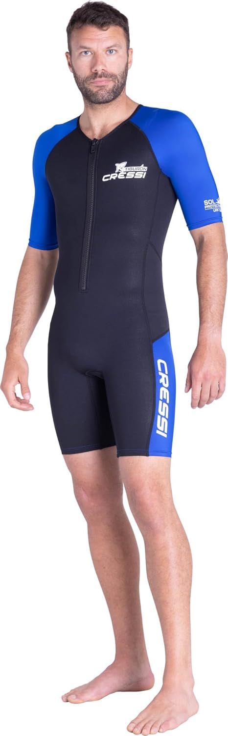 Shows the complete wetsuit design, fit, and branding to help shoppers understand the product's appearance and style when worn. Uses a human model to demonstrate how the wetsuit fits on the body,…