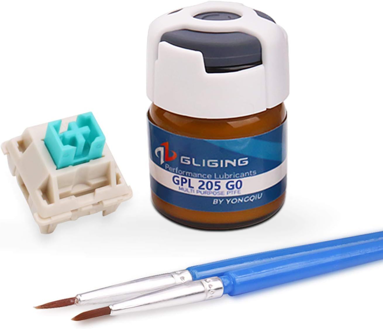 Shows the complete keyboard switch lubrication kit including lubricant, switch, and application brushes to communicate what the buyer receives and how the product is used. Demonstrates that the kit…
