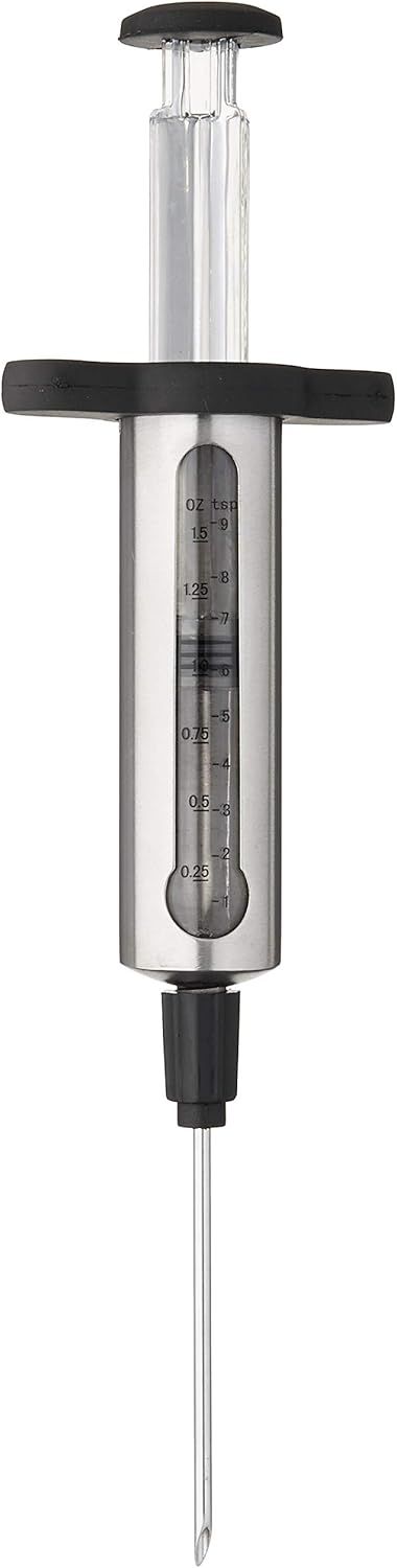 Shows the core product clearly with visible measurement markings to communicate its precision and functionality as a meat injector or marinade syringe.