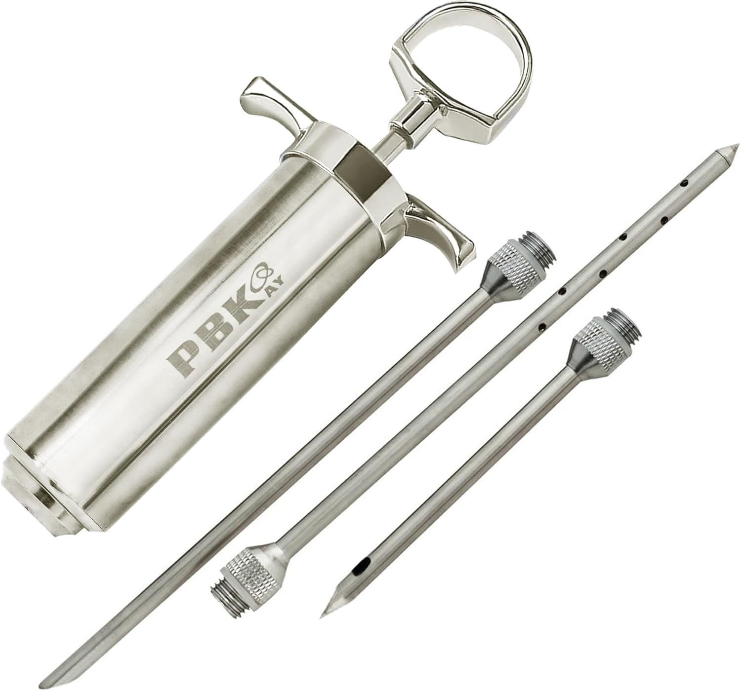 Displays the core product, a grease gun with multiple included nozzle attachments, clearly showing all components on a clean white background for catalog clarity. Shows the included accessory…